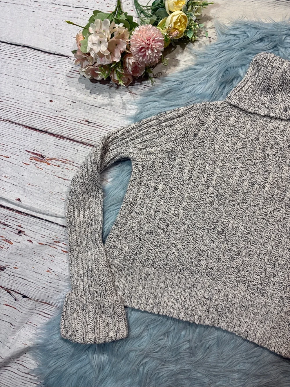 Free People Twisted Cable Cowl Neck Marled Cream Sweater